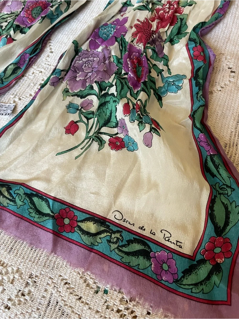 Vintage Oscar de la Renta Silk Cream, Purple, Teal Floral Silk Scarf